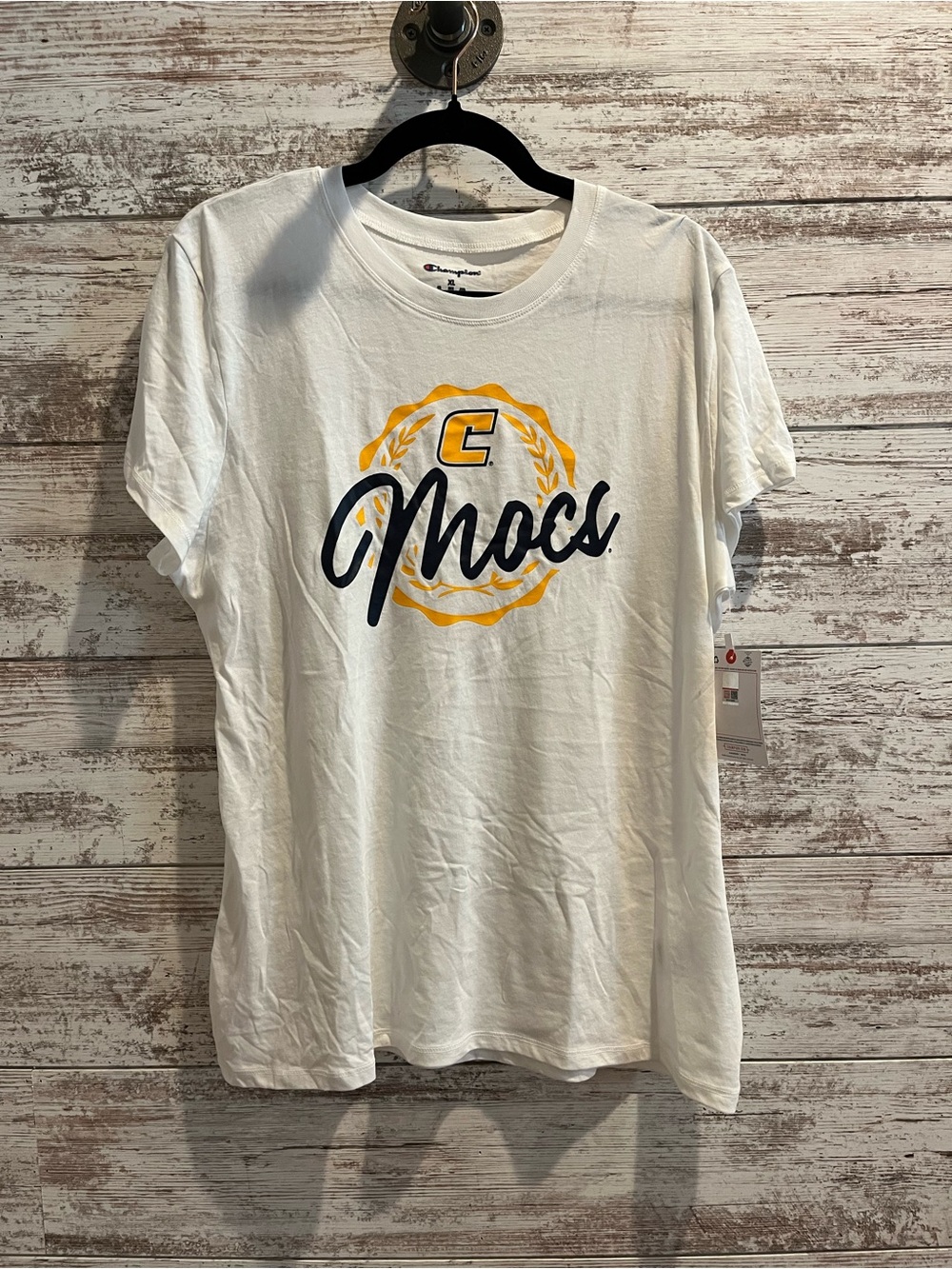 Champion White "Mocs" Logo T‑Shirt with Yellow and Navy Accents